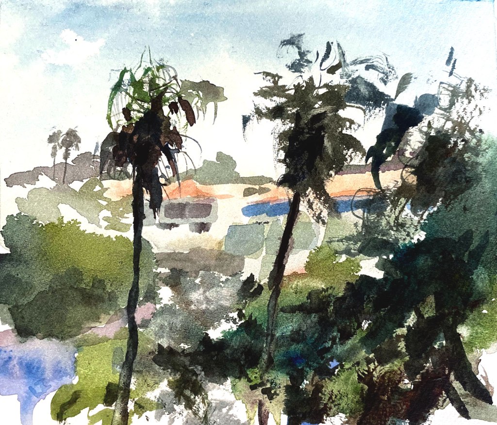 Watercolor painting of a hill in San Diego. Two palm trees are in the foreground.  