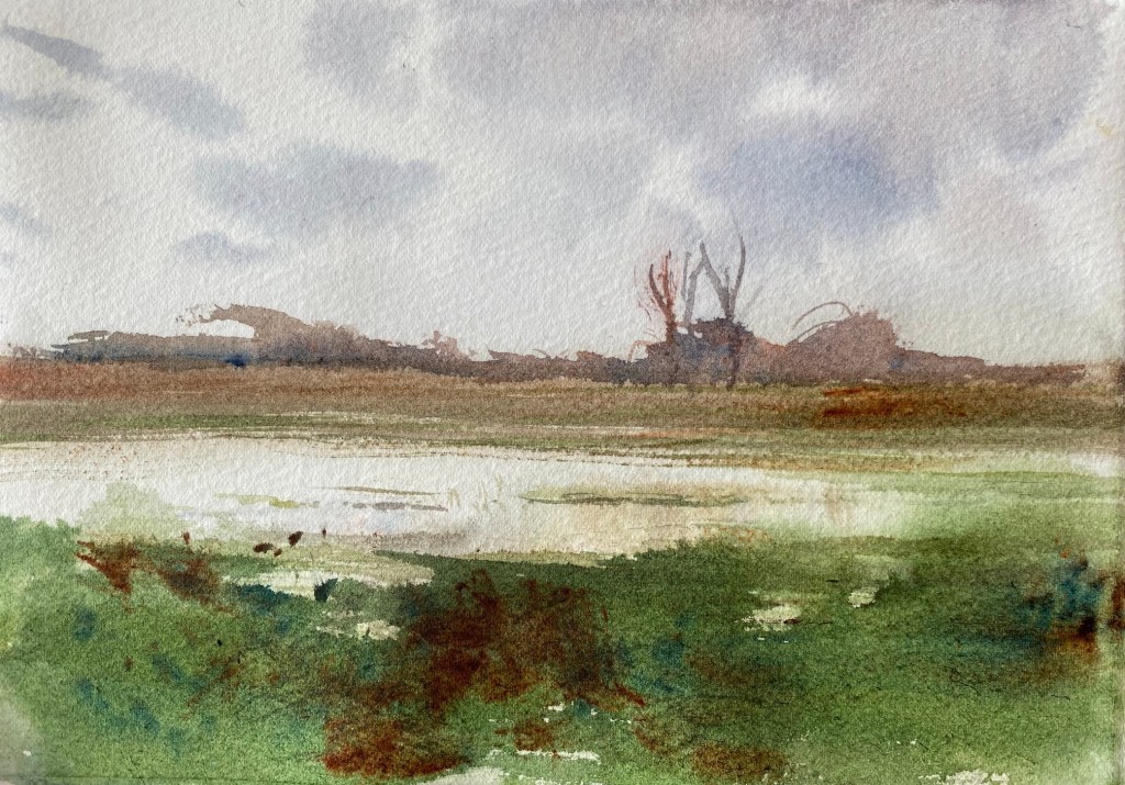 A watercolor painting showing a wet field after a rain shower. 